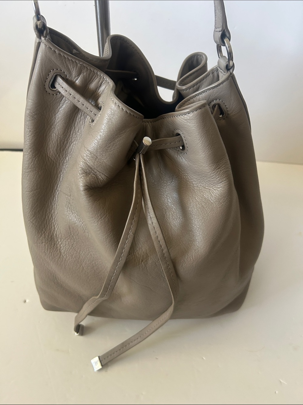 Tory Burch Taupe Leather Drawstring Hobo Shoulder Bag Quiet Luxury Minimalist